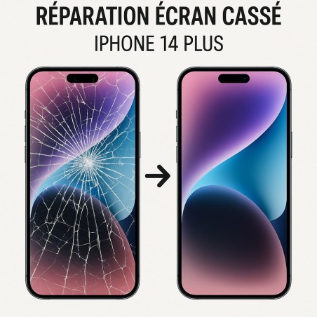 Service de réparation écran cassé iPhone 14 plus Paris. Centre agrée IRP Apple.