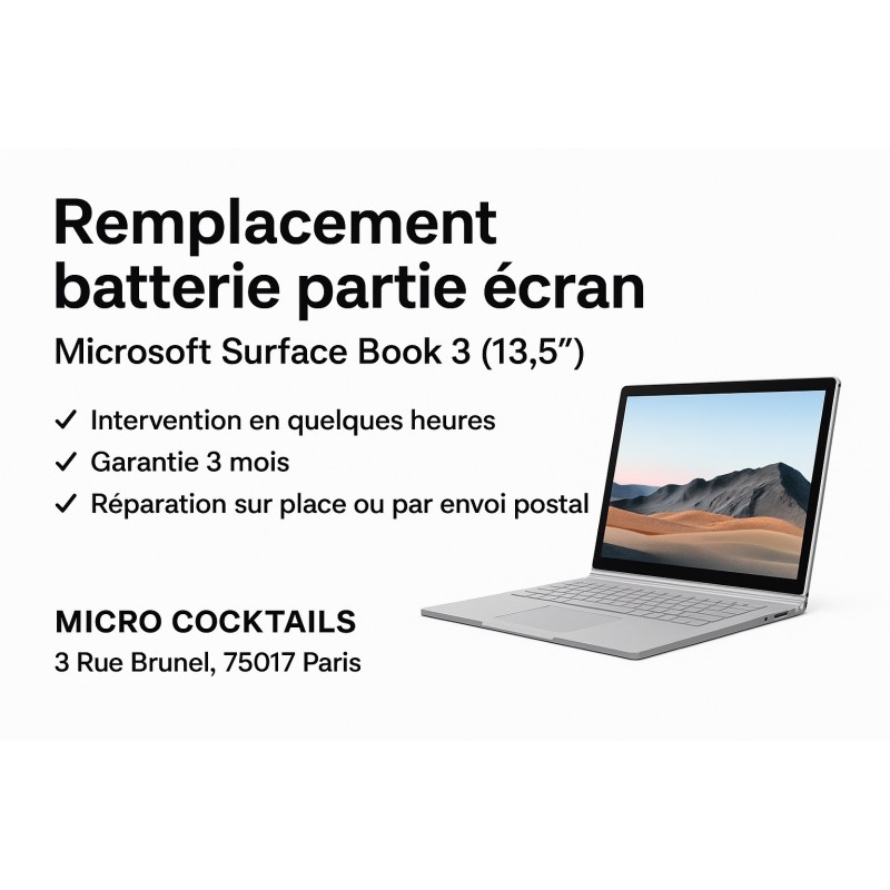 Remplacement batterie partie écran Microsoft Surface Book 3 13,5" – Réparation rapide Paris 17 – Micro Cocktails Remplacement batterie partie écran Microsoft Surface Book 3 13,5" – Réparation rapide Paris 17 – Micro Cocktails