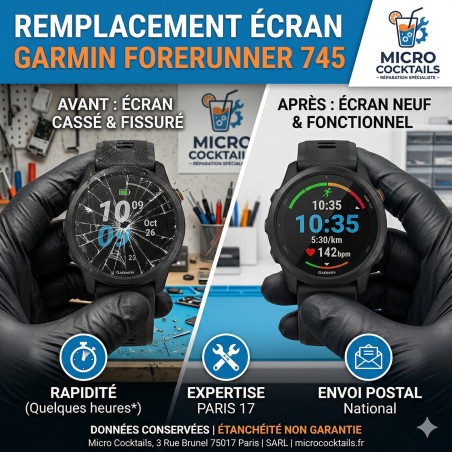 Écran cassé Garmin Forerunner 745 avant réparation
